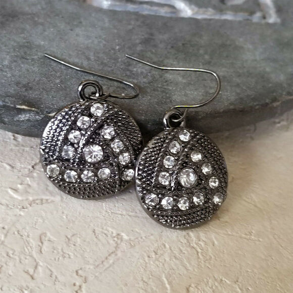 Avant Garde Gunmetal Grey Black Austrian Crystal Circle Triangle Dangle Earrings - Picture 3 of 6
